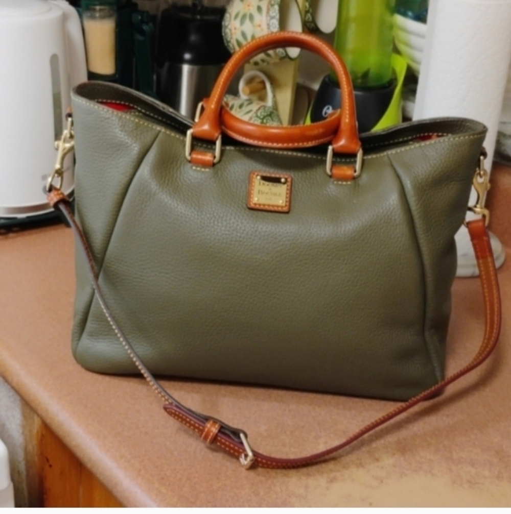 Dooney & Bourke Green Leather Satchel with Brown Accents